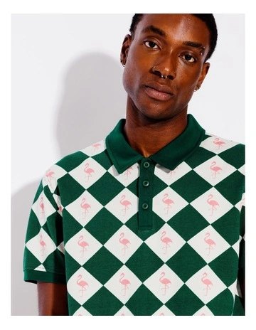 Argyle Pattern Pique Short Sleeve Polo in Green