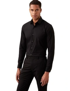Slim Fit Long Sleeve Poplin Shirt in Black