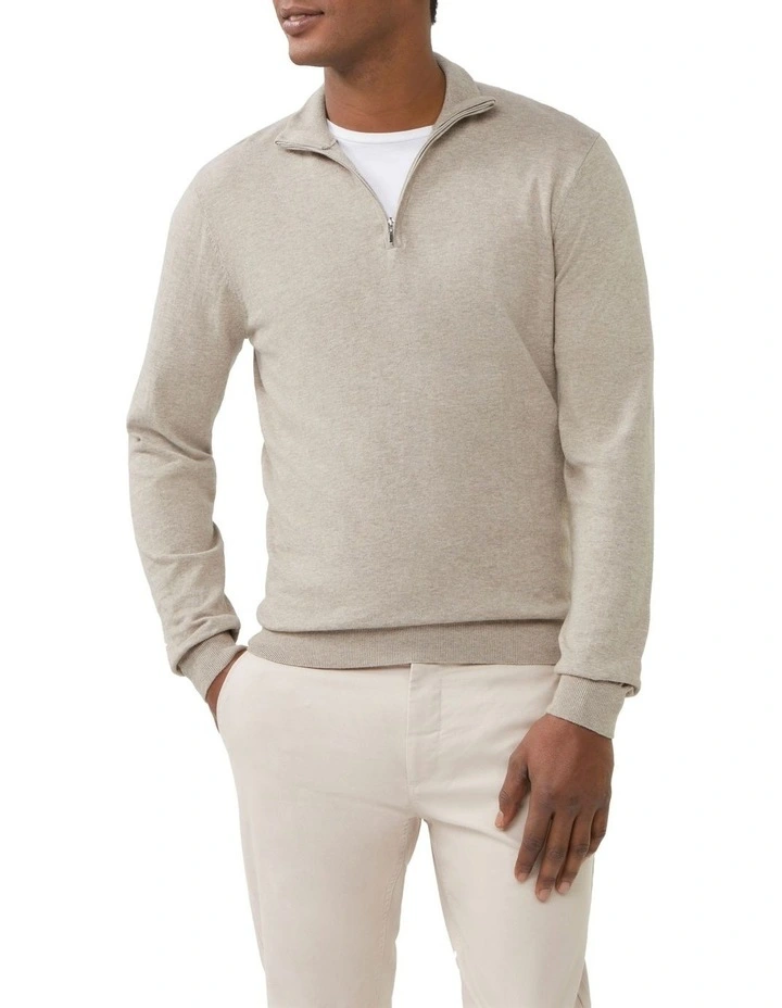 Slim Quarter Zip Cotton Knit Sweater in Ecru image 1