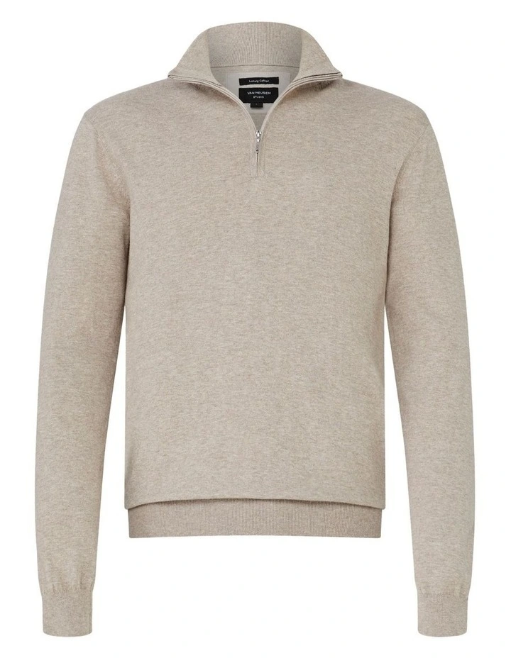 Slim Quarter Zip Cotton Knit Sweater in Ecru image 4