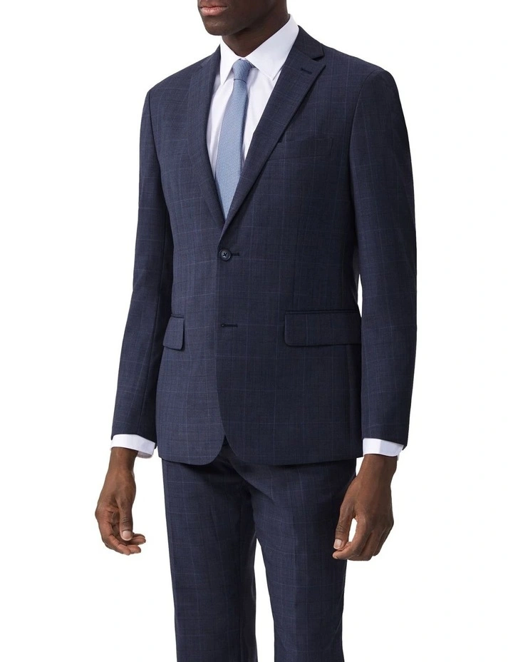 Tailored Suit Jacket Wool Blend Check in Denim image 1