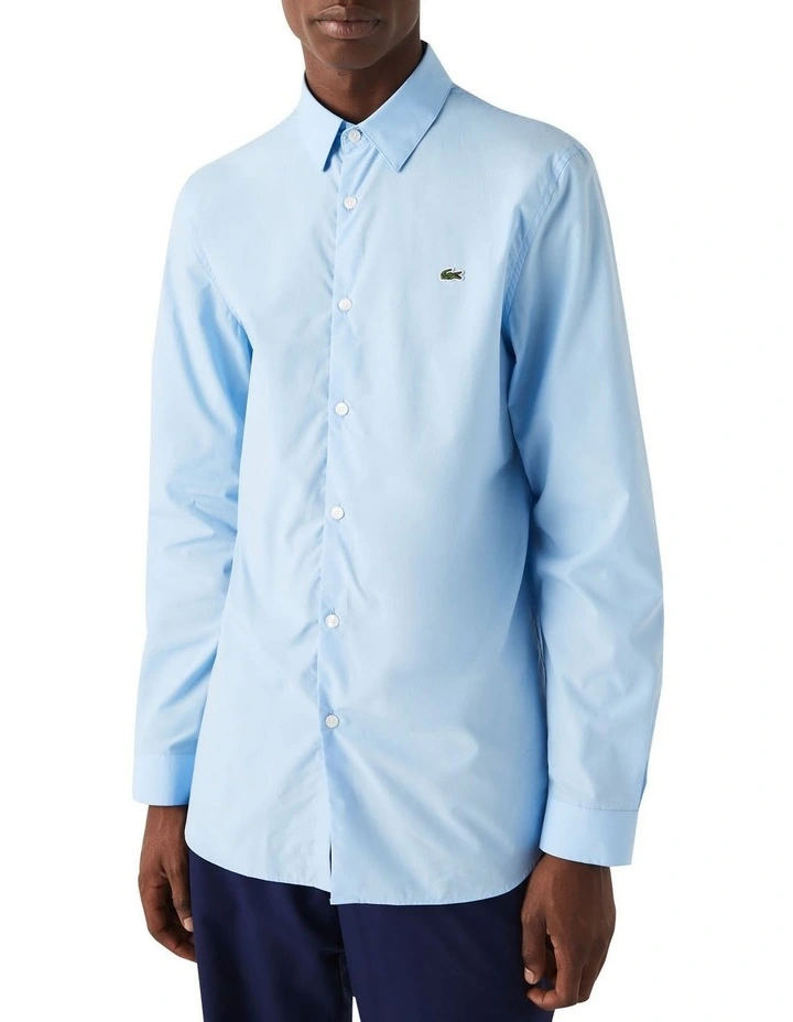 Long Sleeve Slim Stretch Poplin Shirt in Overview Blue image 4