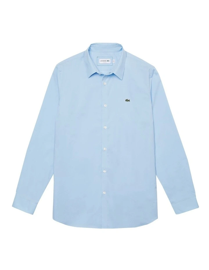 Long Sleeve Slim Stretch Poplin Shirt in Overview Blue image 7