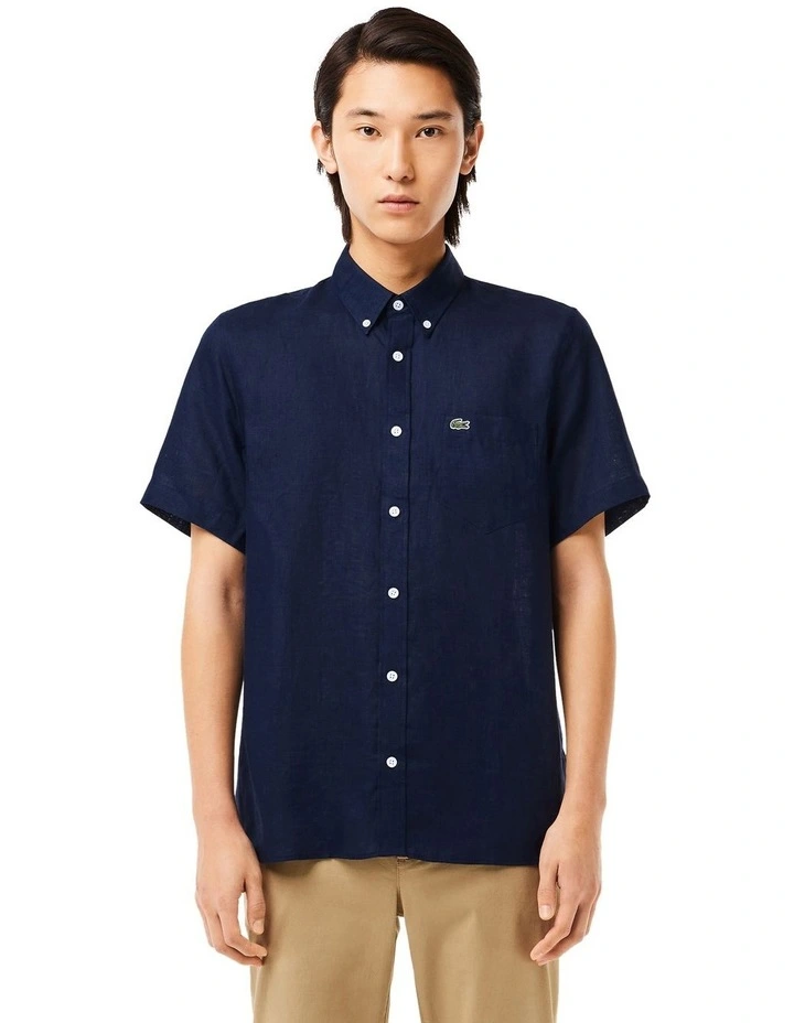 Essential Short Sleeve Linen Shirt in Navy Blue image 1