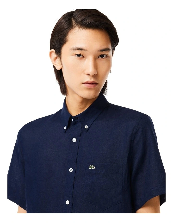 Essential Short Sleeve Linen Shirt in Navy Blue image 3