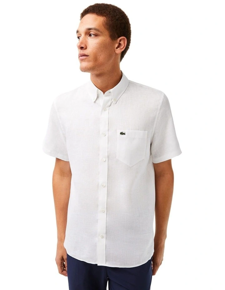 Essential Short Sleeve Linen Shirt in White image 3
