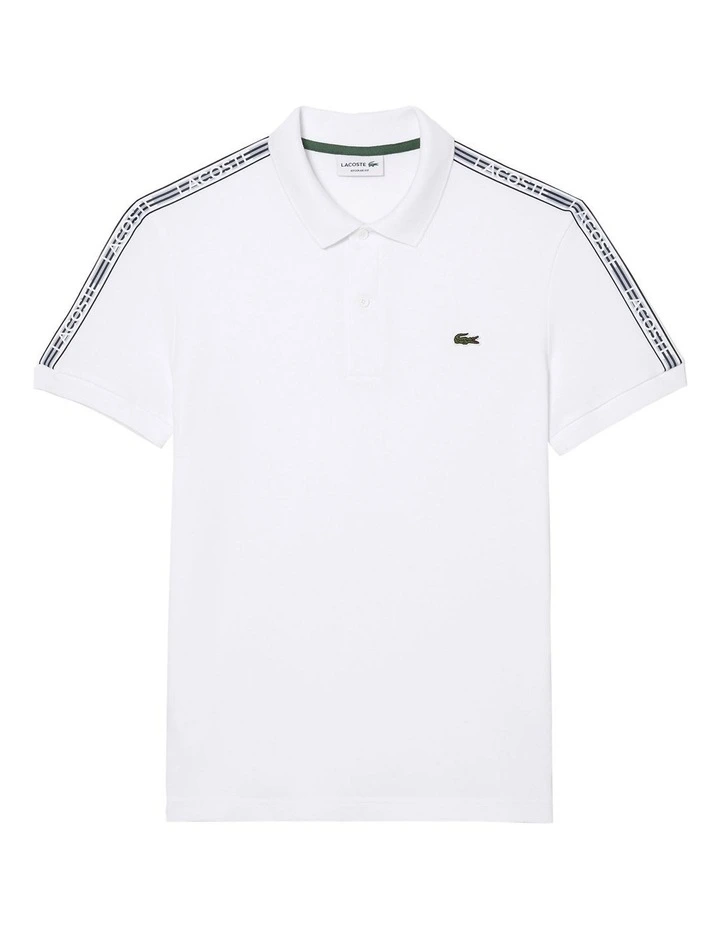 Lacoste Logo Tape Stretch Mini Pique Polo Shirt in White | MYER