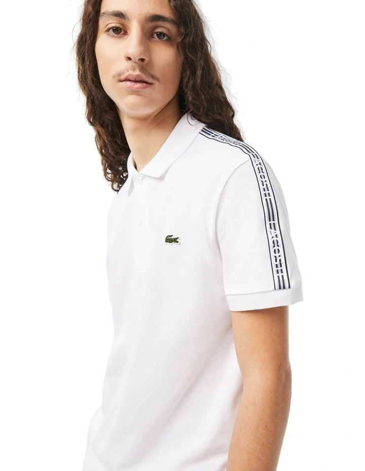 Lacoste Logo Tape Stretch Mini Pique Polo Shirt in White | MYER