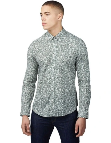 Mono Floral Print Long Sleeve Shirt in Green