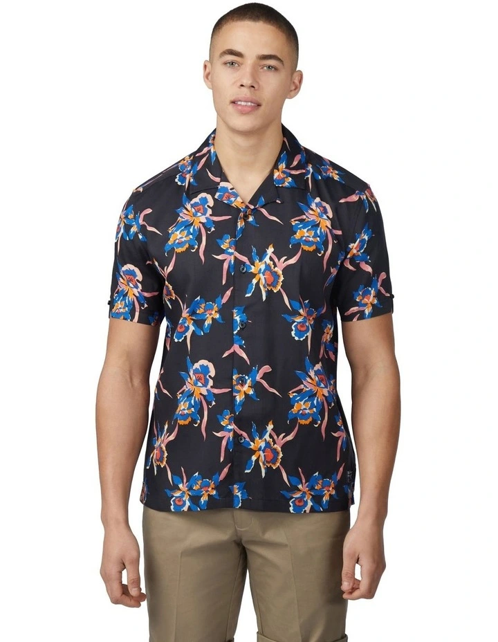 Botanical Print Short Sleeve Shirt in Black image 1