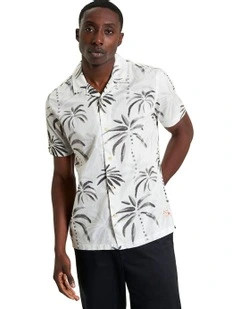Palm Print Short Sleeve Shirt in Snow White