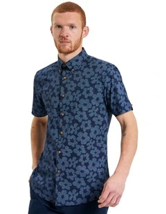 Stipple Floral Print Short Sleeve Shirt in Dark Navy