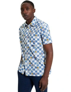 Chequerboard Print Short Sleeve Shirt in Snow White