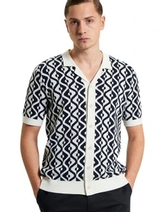 Tile Jacquard Resort Short Sleeve Knitted Shirt in Ivory