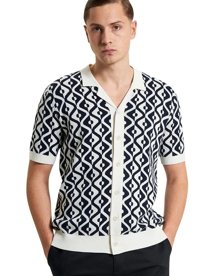 Tile Jacquard Resort Short Sleeve Knitted Shirt in Ivory image 1
