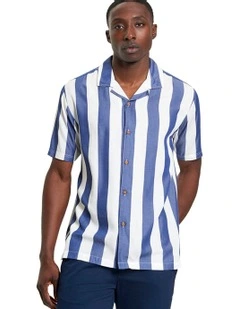 Viscose Stripe Short Sleeve Shirt in Royal