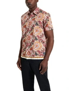 Foulard Border Print Short Sleeve Shirt in Ivory