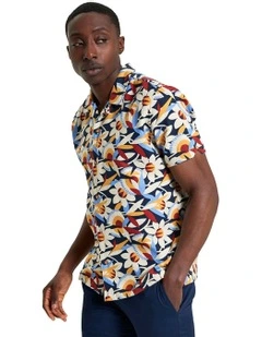Abstract Floral Print Short Sleeve Shirt in Dark Navy