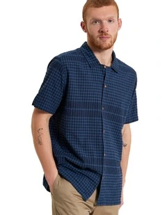 Seersucker Gingham Short Sleeve Shirt in Dark Navy