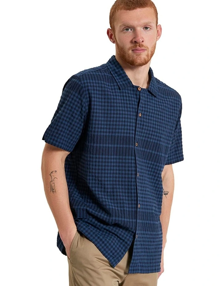 Seersucker Gingham Short Sleeve Shirt in Dark Navy image 1