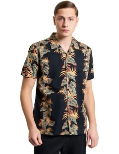 Botanical Leaf Print Short Sleeve Shirt in Black