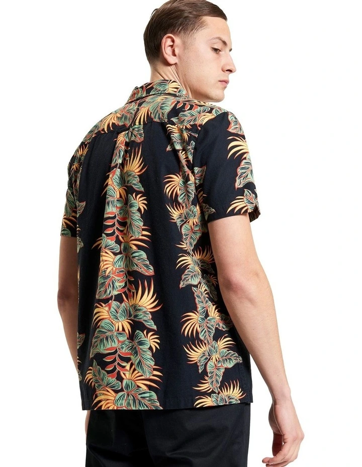 Botanical Leaf Print Short Sleeve Shirt in Black image 2
