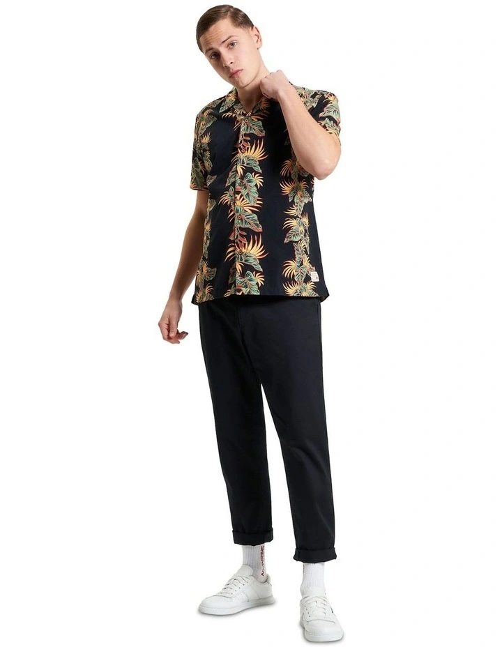 Botanical Leaf Print Short Sleeve Shirt in Black image 3
