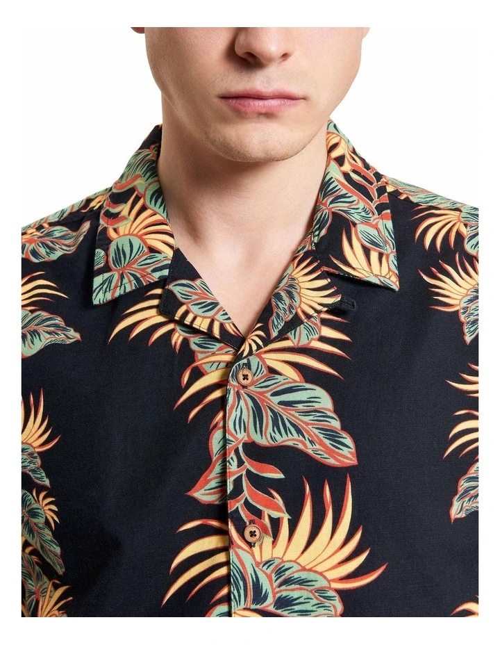 Botanical Leaf Print Short Sleeve Shirt in Black image 4