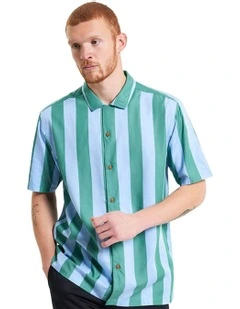 Viscose Stripe Short Sleeve Shirt in Bright Green