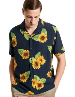 Sunflower Print Short Sleeve Shirt in Midnight