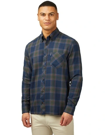 Grid Check Long Sleeve Shirt in Dark Navy