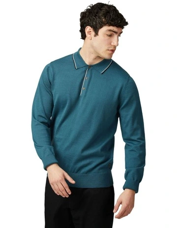 Tipped Merino Long Sleeve Polo in Lake Blue