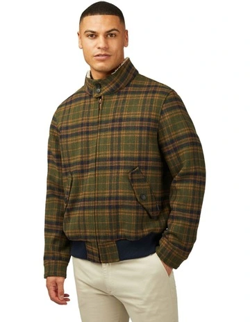 Wool Check Harrington Jacket in Dark Green