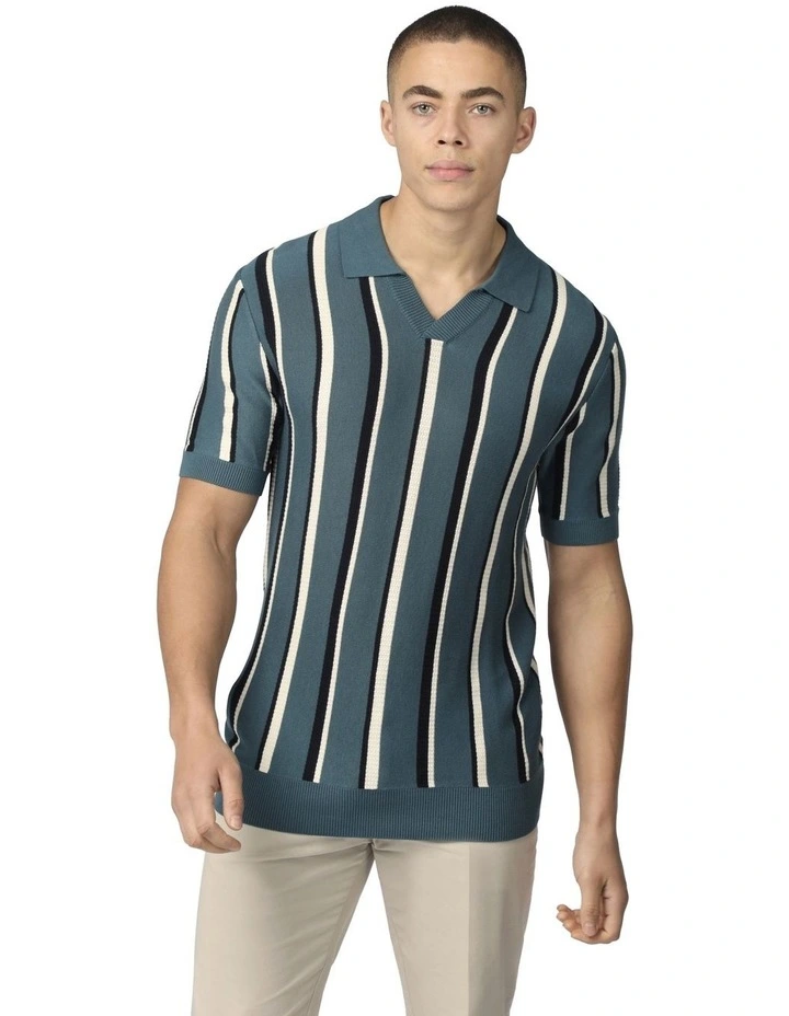 Vertical Stripe Open Neck Polo Shirt in Teal image 1