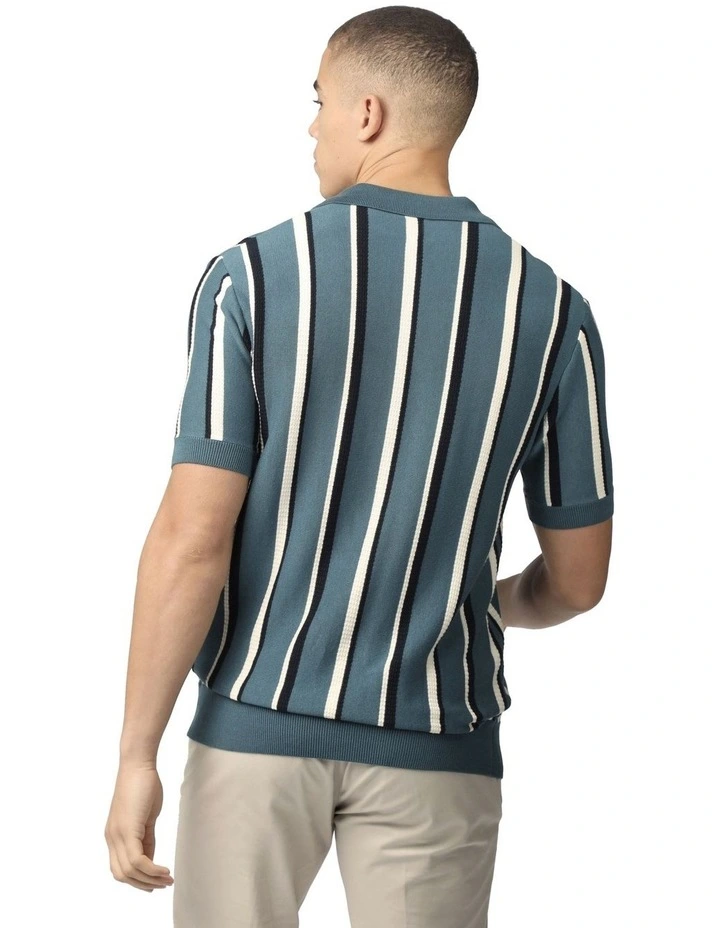 Vertical Stripe Open Neck Polo Shirt in Teal image 2