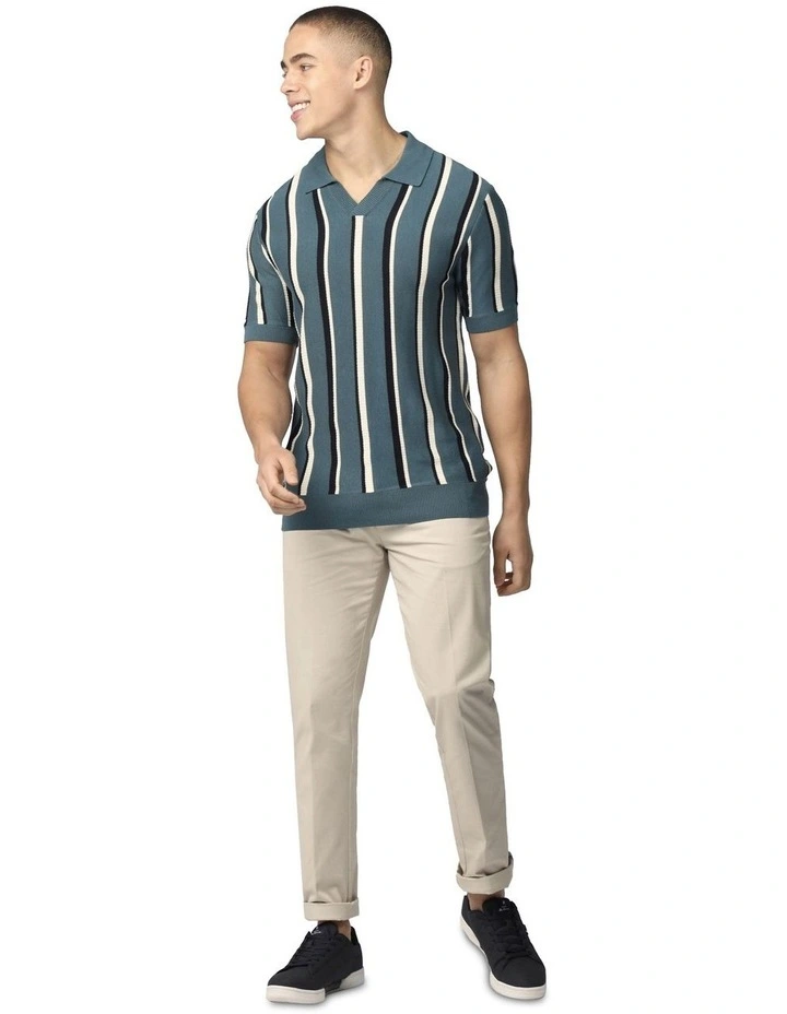 Vertical Stripe Open Neck Polo Shirt in Teal image 3