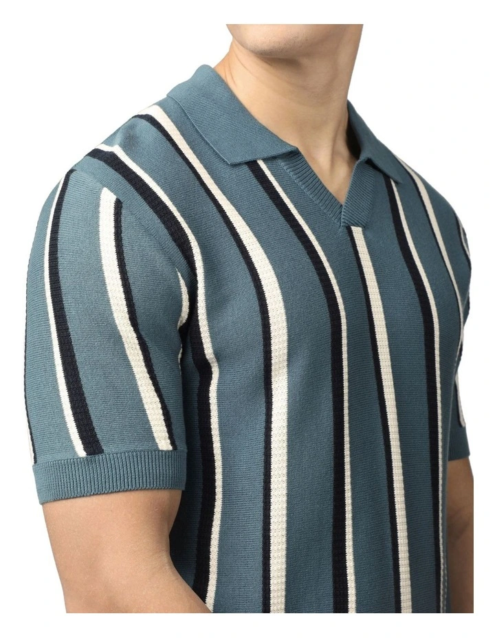 Vertical Stripe Open Neck Polo Shirt in Teal image 4