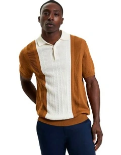 Textured Block Stripe Polo in Caramel