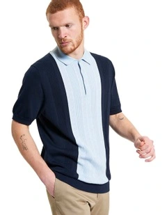 Textured Block Stripe Polo in Dark Navy