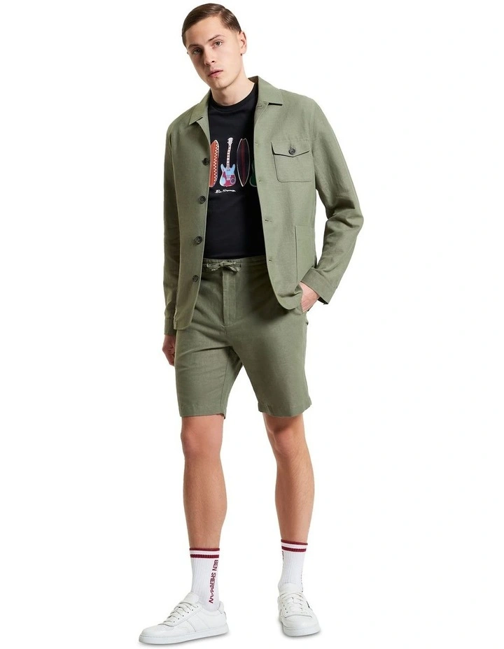 Linen Cotton Drawcord Shorts in Olive image 3