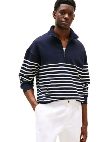 Stripe Half-Zip Relaxed Sweatshirt in Navy