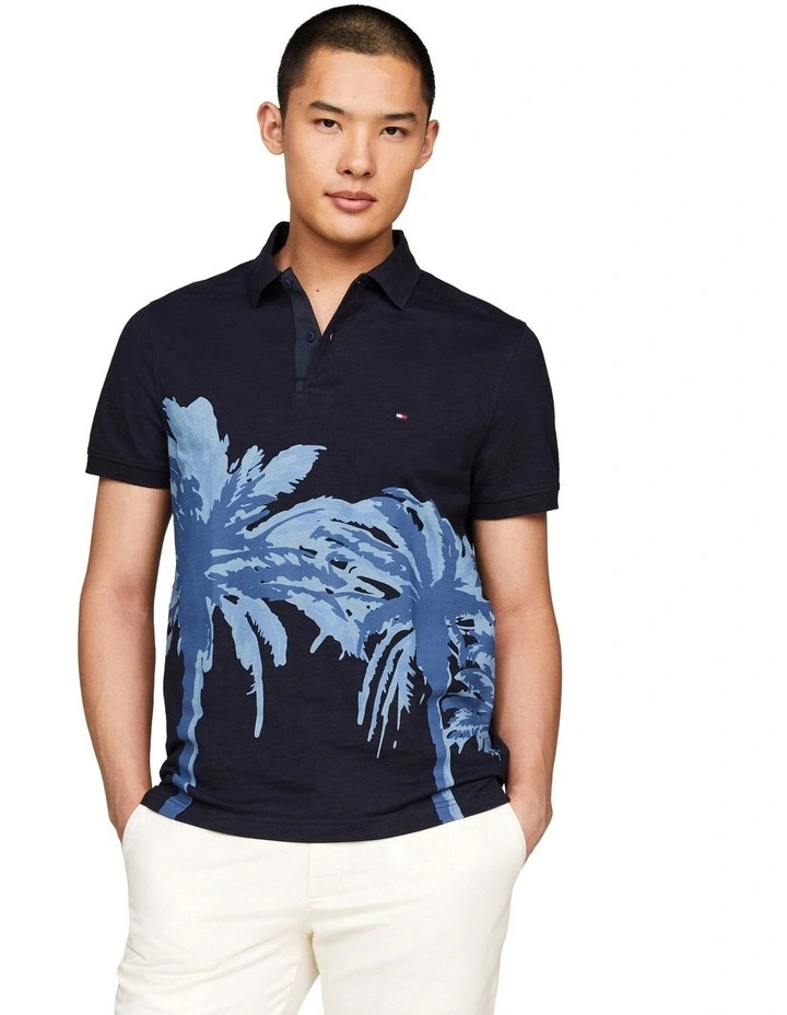 Palm Print Regular Fit Polo in Blue image 1
