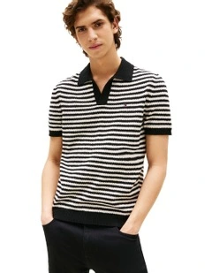 Stripe Textured Knit Polo Shirt in Blue