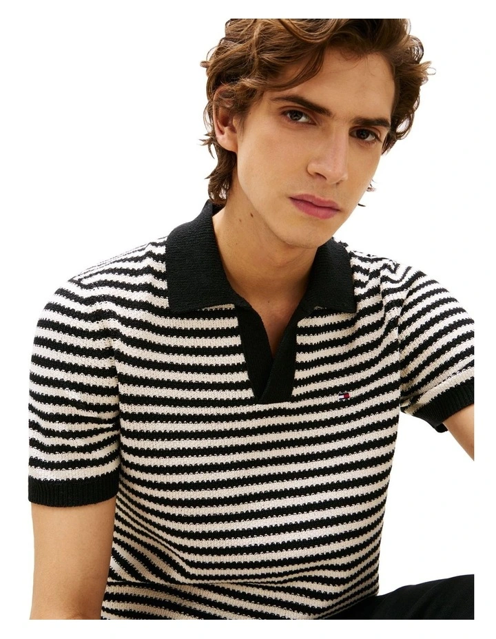 Stripe Textured Knit Polo Shirt in Blue image 3