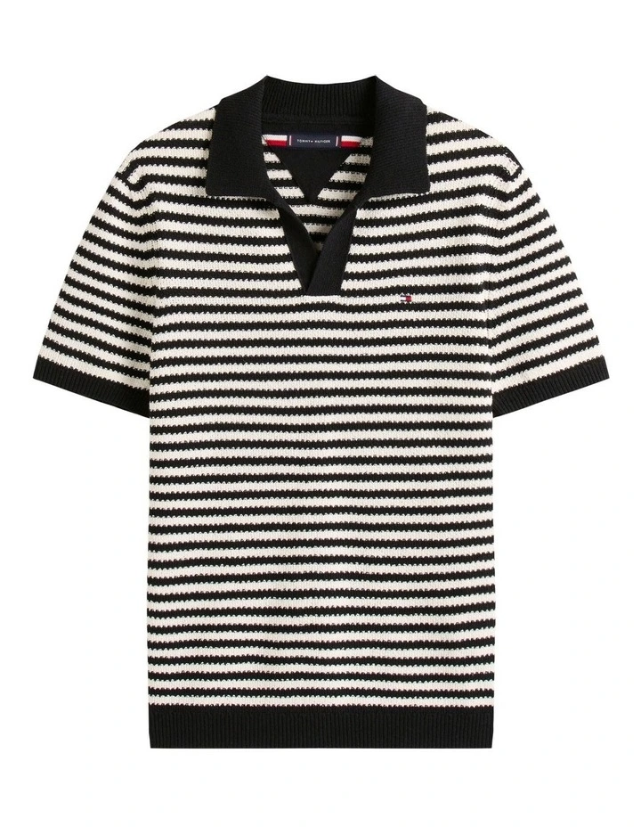 Stripe Textured Knit Polo Shirt in Blue image 5