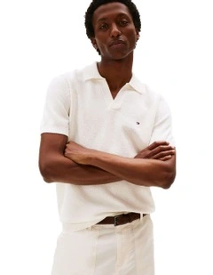 Textured Knit Polo Shirt in White
