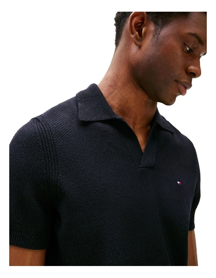 Textured Knit Polo Shirt in Blue image 3
