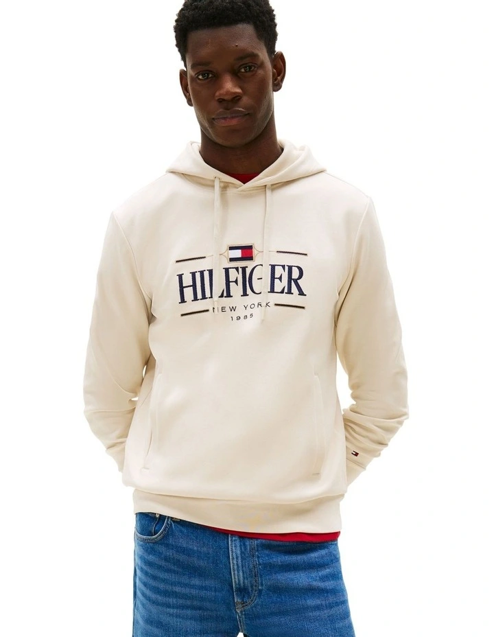 Tonal Logo Embroidery Hoody in Beige image 1