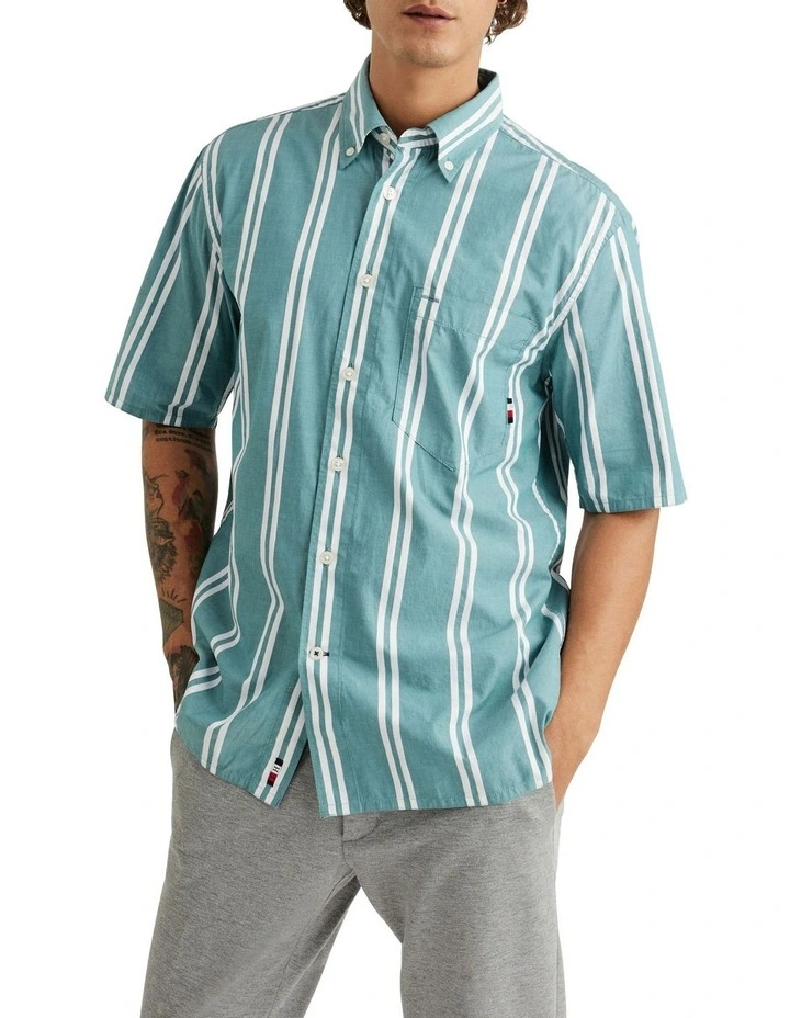 Airy Double Stripe Poplin Short Sleeve Shirt in Green image 1