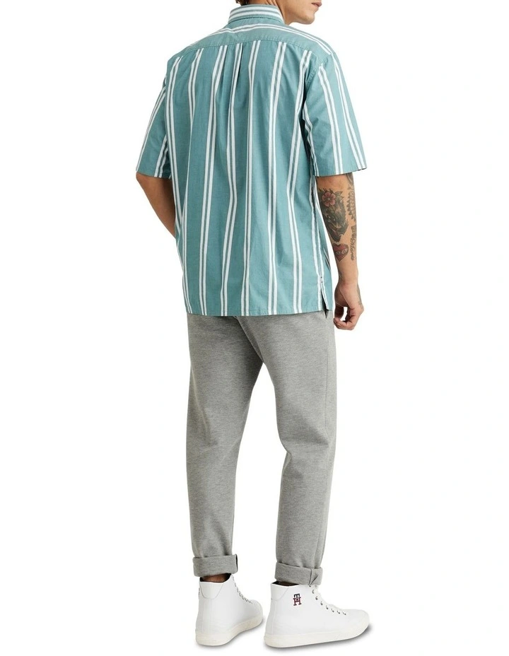 Airy Double Stripe Poplin Short Sleeve Shirt in Green image 2